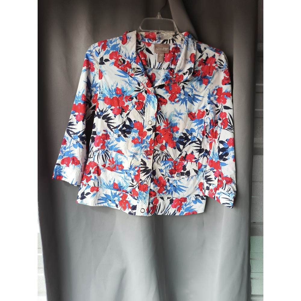 Chicos Floral Utility Jacket Red Blue White Snap Front Size 0 Small